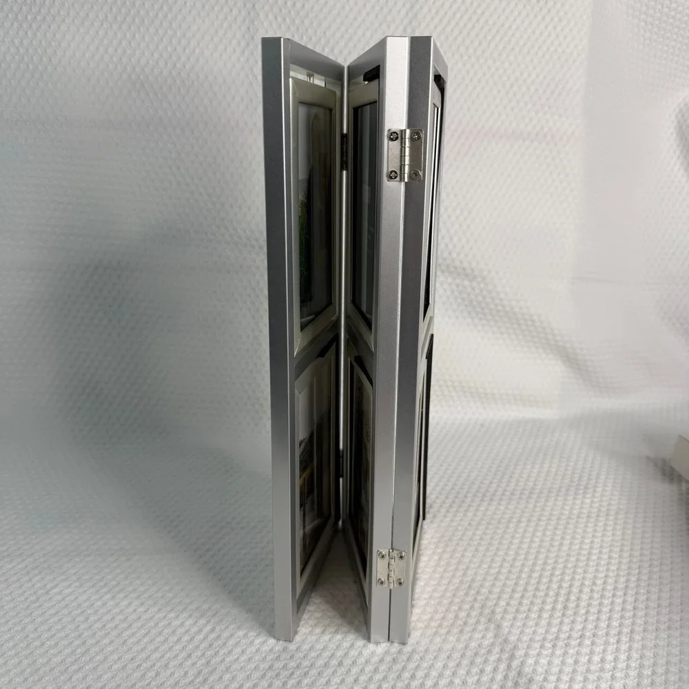 VTG Silver Folding Tabletop Screen Holds 12 3.5x5 Photos Rotating Pictures NEW